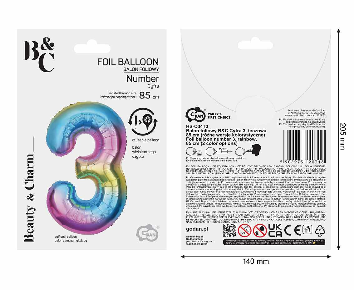 Foil balloon number 3, rainbow, 85 cm